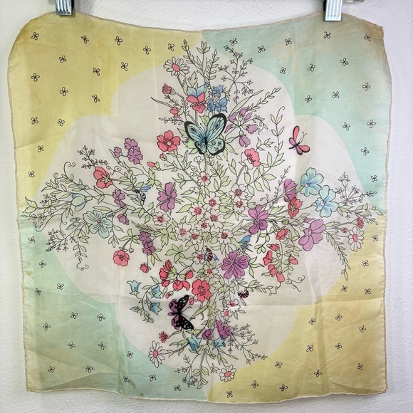 Vintage Accessories - Vintage 60s square silk scarf garden floral butterflies painted hand rolled edge